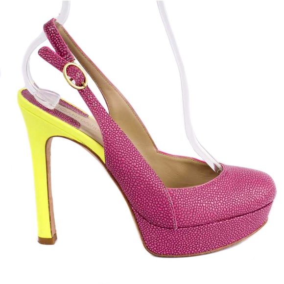 JOAN & DAVID Magenta & Chartreuse Green Textured Two-Tone Slingback Pumps Size 6 - Picture 1 of 8